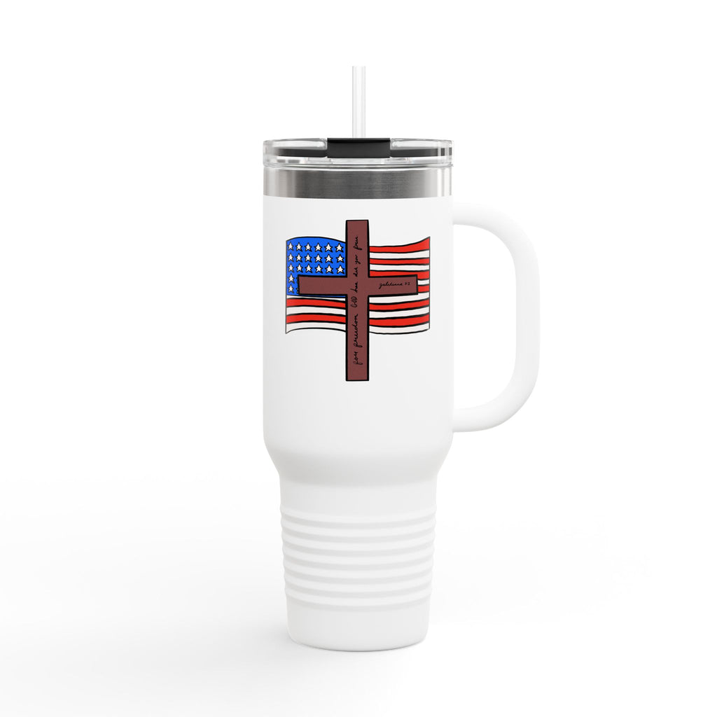 40oz Insulated Travel Mug – Patriotic American Flag with Cross Design