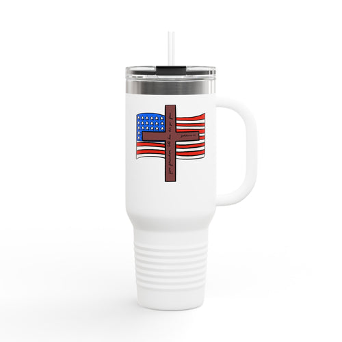 40oz Insulated Travel Mug – Patriotic American Flag with Cross Design